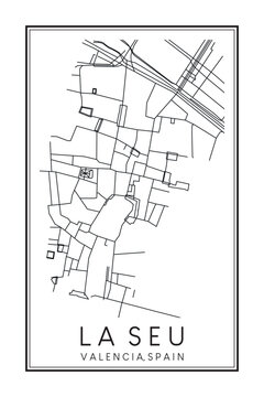 Hand drawn printable downtown road map poster of district LA SEU of the Spanish city of VALENCIA on solid white background with city name