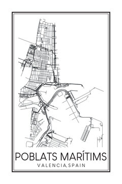 Hand drawn printable downtown road map poster of district POBLATS MARÍTIMS of the Spanish city of VALENCIA on solid white background with city name