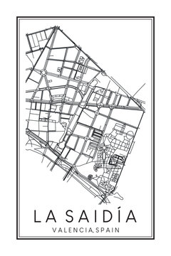 Hand drawn printable downtown road map poster of district LA SAIDÍA of the Spanish city of VALENCIA on solid white background with city name