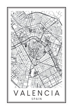 Hand drawn printable downtown road map poster of the Spanish city of VALENCIA on solid white background with city name