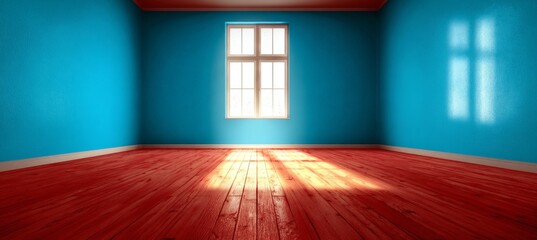 Poster - Bright and Airy Minimalist Blue Room with Red Wooden Floor and Abstract Design Bathed in Sunlight