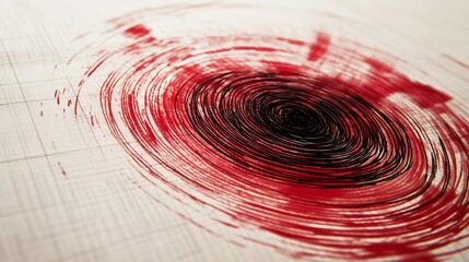 Poster - Red and black ink drawing representing seismic waves expanding from the epicenter of an earthquake on graph paper, illustrating the concept of earthquake magnitude