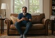 © STORYTELLER VISUALS - A relaxed man lounges on a sofa, scrolling through his phone—capturing a quiet moment of connection, leisure, and digital life.