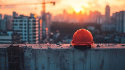 Aufkleber - Orange hard hat sits on a concrete wall at a construction site, overlooking a cityscape bathed in the warm glow of sunset, symbolizing the end of a workday