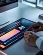 © SKOPUS DRON - Close-up of a person's hands using a digital tablet displaying a vivid artificial intelligence interface with data graphs in a modern tech workspace