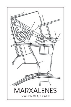 Hand drawn printable downtown road map poster of district MARXALENES of the Spanish city of VALENCIA on solid white background with city name