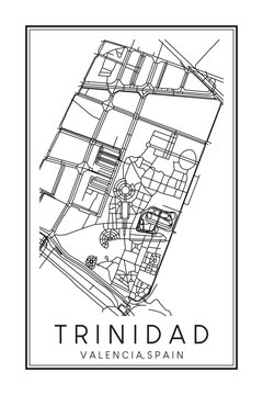Hand drawn printable downtown road map poster of district TRINIDAD of the Spanish city of VALENCIA on solid white background with city name