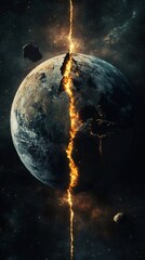 Poster - Powerful seismic waves are cracking planet earth, causing a deep fiery chasm, revealing the planet's mantle and magma in a catastrophic geological event