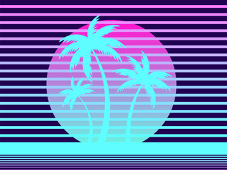 Wall Mural - Futuristic background with palm trees and retro sun in 80s style. Palm trees on retro sunset in synthwave and retrowave style. Design for advertising brochures and banners. Vector illustration
