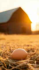 Poster - Golden sunlight bathes a single brown egg nestled in a bed of hay, with a rustic wooden barn softly blurred in the background, evoking a peaceful farm scene at sunset