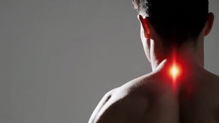 Poster - Muscular man wincing from sharp neck strain, red inflammation highlighting cervical spine tension on minimalist gray surface, signaling possible musculoskeletal distress
