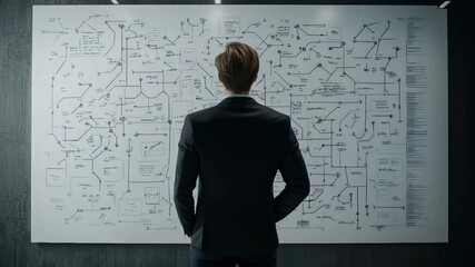 Aufkleber - Pensive businessman examines intricate diagram on whiteboard, contemplating various paths and connections, demonstrating strategic thinking in corporate setting