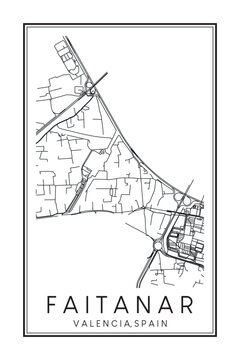 Hand drawn printable downtown road map poster of district FAITANAR of the Spanish city of VALENCIA on solid white background with city name