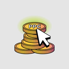Poster - Ppc advertising cost illustration with stack of gold coins and cursor