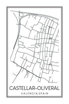 Hand drawn printable downtown road map poster of district CASTELLAR-OLIVERAL of the Spanish city of VALENCIA on solid white background with city name