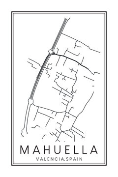 Hand drawn printable downtown road map poster of district MAHUELLA of the Spanish city of VALENCIA on solid white background with city name