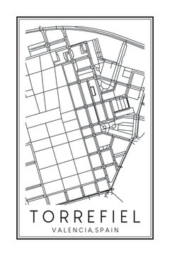 Hand drawn printable downtown road map poster of district TORREFIEL of the Spanish city of VALENCIA on solid white background with city name
