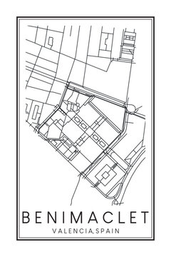 Hand drawn printable downtown road map poster of district BENIMACLET of the Spanish city of VALENCIA on solid white background with city name