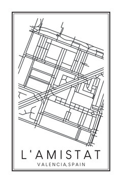 Hand drawn printable downtown road map poster of district L'AMISTAT of the Spanish city of VALENCIA on solid white background with city name