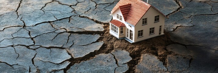 Poster - Miniature house resting on cracked ground illustrates the effects of earthquakes on properties while emphasizing the need for disaster preparedness and resilient infrastructure