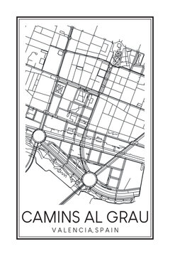 Hand drawn printable downtown road map poster of district CAMINS AL GRAU of the Spanish city of VALENCIA on solid white background with city name