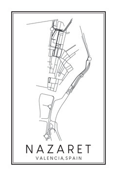 Hand drawn printable downtown road map poster of district NAZARET of the Spanish city of VALENCIA on solid white background with city name