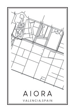Hand drawn printable downtown road map poster of district AIORA of the Spanish city of VALENCIA on solid white background with city name