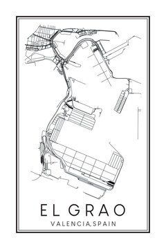 Hand drawn printable downtown road map poster of district EL GRAO of the Spanish city of VALENCIA on solid white background with city name