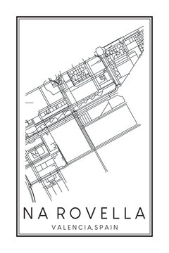 Hand drawn printable downtown road map poster of district NA ROVELLA of the Spanish city of VALENCIA on solid white background with city name
