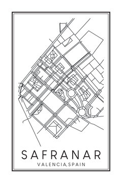 Hand drawn printable downtown road map poster of district SAFRANAR of the Spanish city of VALENCIA on solid white background with city name