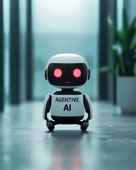 Poster - A small robot with glowing pink eyes labeled 