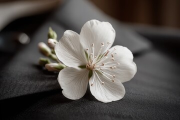 Poster - Close-up of a delicate white flower blossom against a dark, textured background, revealing its intricate details and subtle beauty with soft lighting and focus.