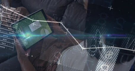 Poster - Upon dashboard loading woman holding tablet on sofa visualizing floating analytics animating chart