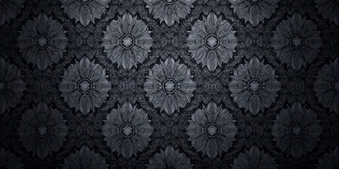Poster - Elegant Charcoal Gray Floral Tapestry Fabric with Intricate Patterns and Seamless Tiled Decor