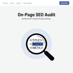 Poster - On page seo audit illustration magnifying glass title meta tags website optimization