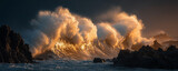 ocean wave crashing against rocks at sunset