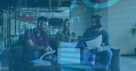Poster - Colleagues opening folder sliding reports while analyzing data with animated finance charts pulsing