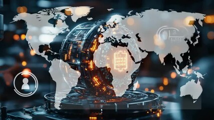 Poster - A futuristic glowing orb with intricate circuits and orange lights sits on a high-tech platform in a digital environment.