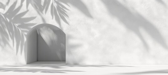 Poster - Minimalist Plaster Wall Studio Backdrop with Soft Palm Shadows for Elegant Product Mockups and Art