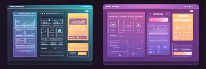 Aufkleber - Comparison of Wireframes Versus High-Fidelity Mockups Highlighting Design Elements and Visual Contrasts in a Flat Style
