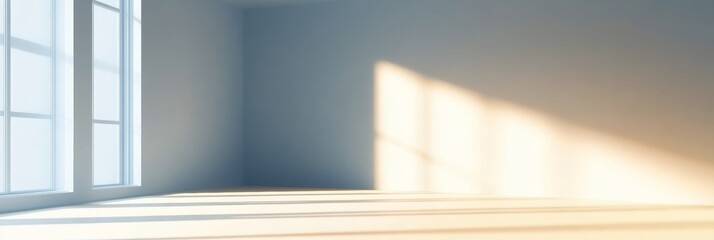 Poster - Modern Empty Room Interior with Large Windows and Soft Sunlight Creating Beautiful Light Patterns
