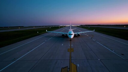 Aufkleber - Commercial passenger airplane taxiing along airport runway during twilight, showcasing scenic landscape with vibrant evening sky and soft ambient lighting