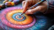 © Yuyun - Close-up of artist's hand drawing spiral design with colorful wax crayons