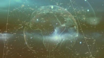 Poster - 3D globe appearing and rotating, lines forming, nodes pulsing and labels fading showing data flow