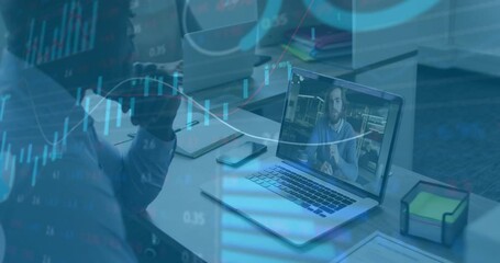 Poster - Business manager rubbing forehead and jotting data notes as laptop lighting overlay charts pulsing