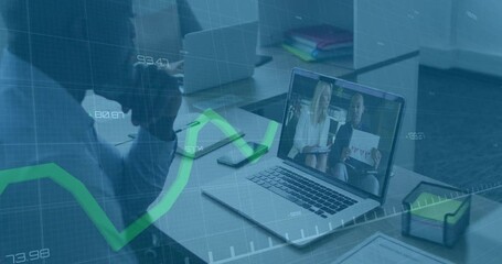Poster - Man powering laptop for call with colleagues green chart oscillating spiking for business analysis