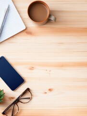 Poster - A serene workspace featuring a notebook, pen, coffee cup, smartphone, and glasses on a wooden desk