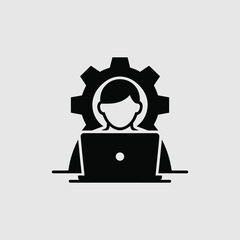 Poster - Person working on laptop with gear icon representing technical support or problem solving