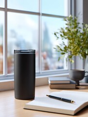 Poster - Modern workspace featuring a sleek black tumbler, open notebook, and pen near a sunny window