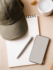 Poster - Casual workspace setup featuring a cap, notepad, pen, and smartphone on a neutral background